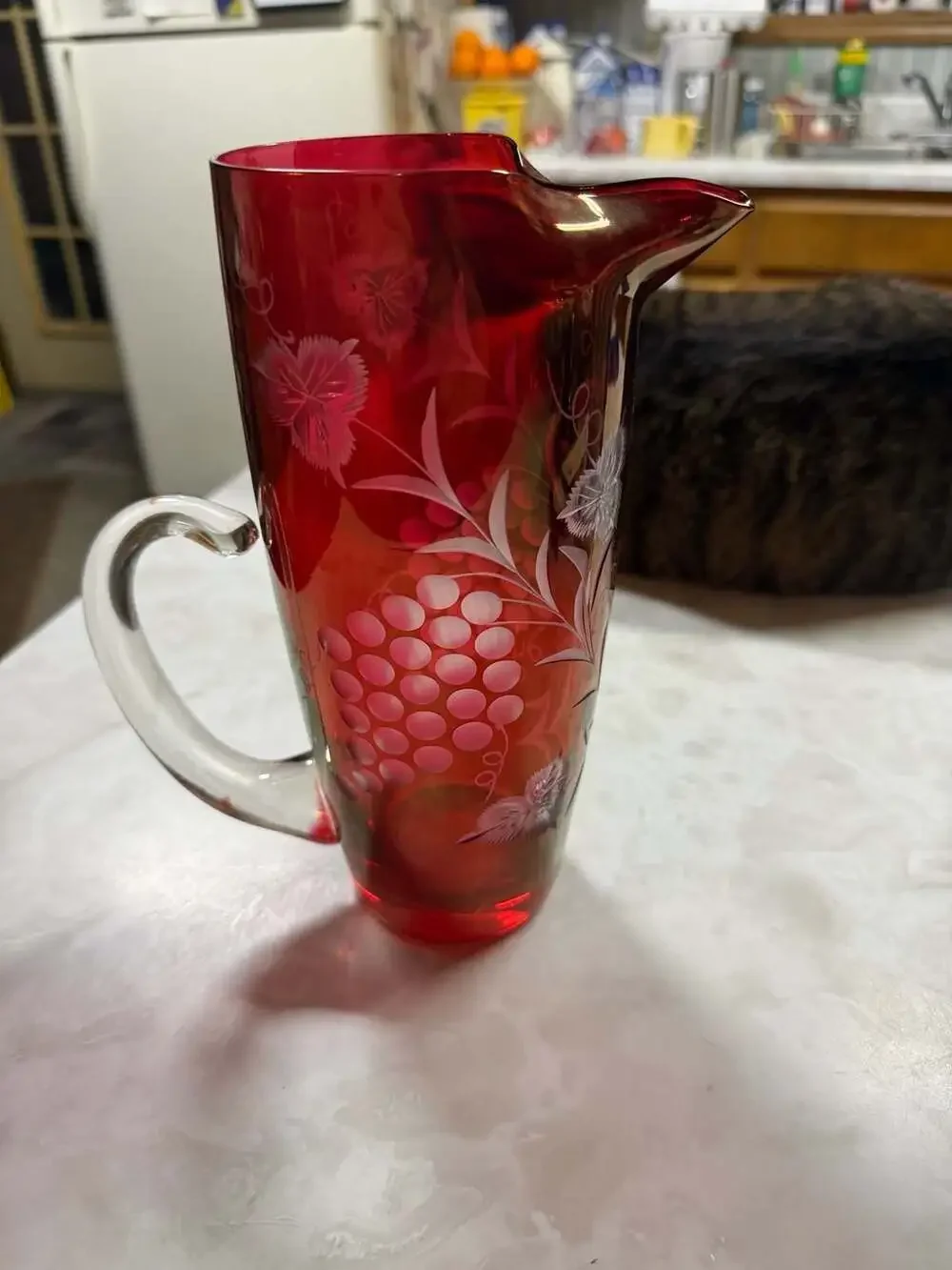 Vintage Ruby Red Glass Pitcher With Frosted Grape-And-Vine Motif And Clear Appli